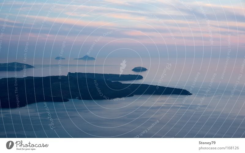 Islands at blue hour Ocean Landscape Water Sky Santorini Infinity Blue Pink Moody Romance Calm Contentment Loneliness Freedom Peace Aegean Sea Colour photo