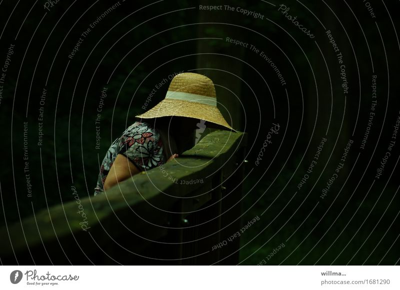 Woman with straw hat looks from wooden bridge Hat Straw hat Dark Curiosity Bridge Wooden bridge rail Downward Black Hope Sadness Grief Disappointment Fear