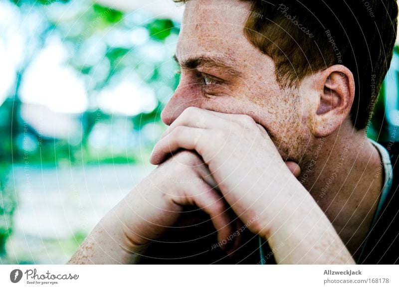 Lost in thought Colour photo Exterior shot Day Light Contrast Portrait photograph Profile Looking away Beach bar Human being Masculine Young man