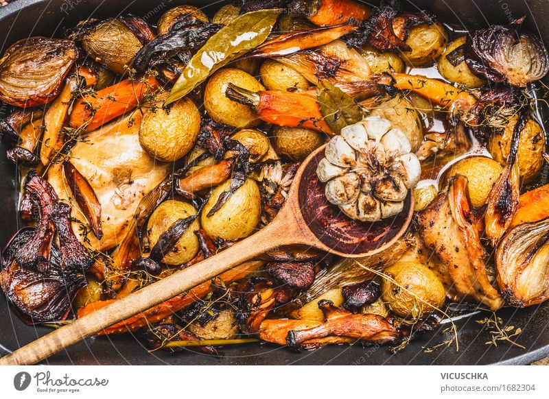 Ragout with forest mushrooms , roasted vegetables of the season Food Meat Vegetable Soup Stew Herbs and spices Nutrition Lunch Dinner Banquet Organic produce