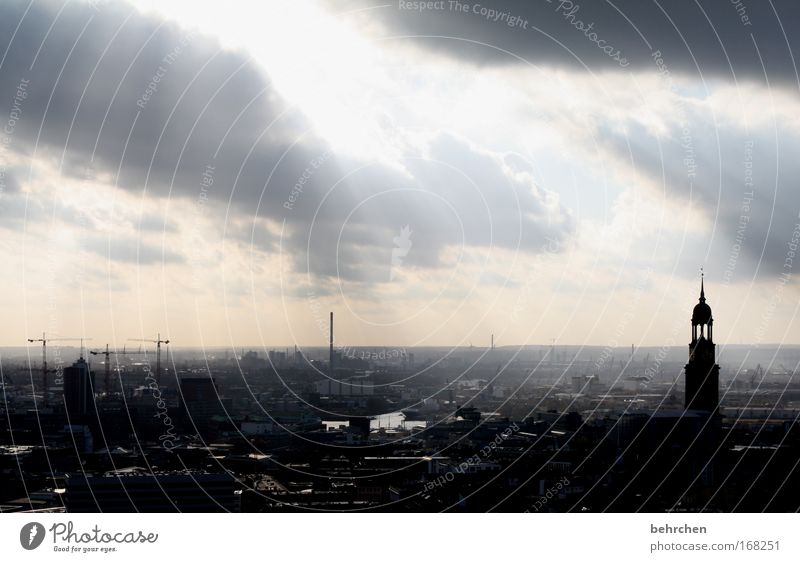 moin hamburg Colour photo Exterior shot Sunlight Sunbeam Back-light Sky Clouds Wind Fog Rain Port City Downtown Harbour Manmade structures Building Architecture