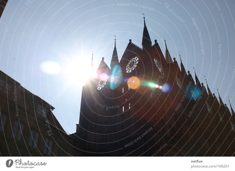 Stralsund Town Hall Colour photo Exterior shot Deserted Day Light Sunlight Sunbeam Back-light Blur Environment Sky Beautiful weather Germany Europe Port City