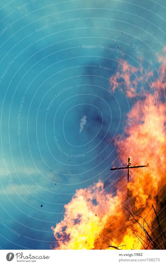 Burning Cross Colour photo Exterior shot Copy Space left Copy Space top Twilight Elements Fire Sky Wood Crucifix Hot Bright Blue Yellow Horror Dangerous Threat