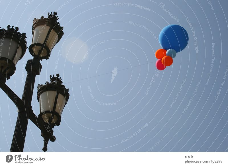 Lantern Barcelona Multicoloured Exterior shot Deserted Copy Space bottom Day Sunlight Sunbeam Worm's-eye view Balloon Lamp post Blue Red Horizon Far-off places