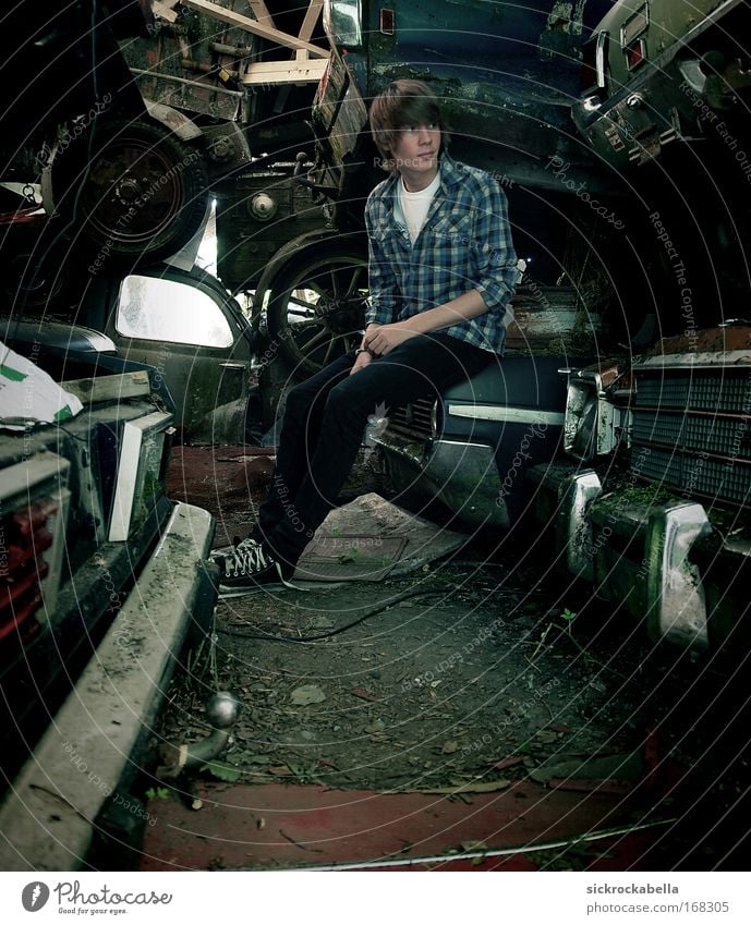 junkyard Colour photo Subdued colour Exterior shot Day Shallow depth of field Full-length Looking away Masculine Young man Youth (Young adults) Man Adults 1