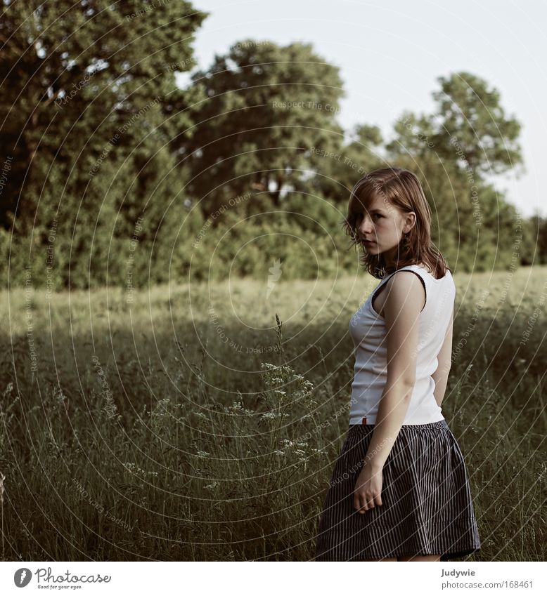 look back Subdued colour Exterior shot Copy Space left Copy Space top Evening Upper body Looking into the camera Human being Feminine Young woman