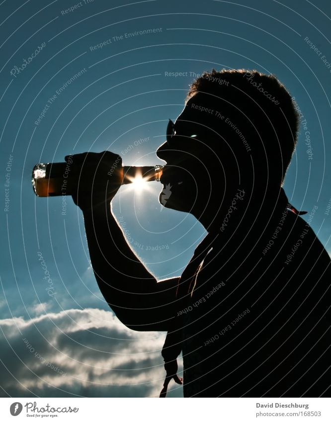 midday drink Colour photo Exterior shot Day Shadow Contrast Silhouette Light (Natural Phenomenon) Sunlight Sunbeam Back-light Looking away Beverage Drinking