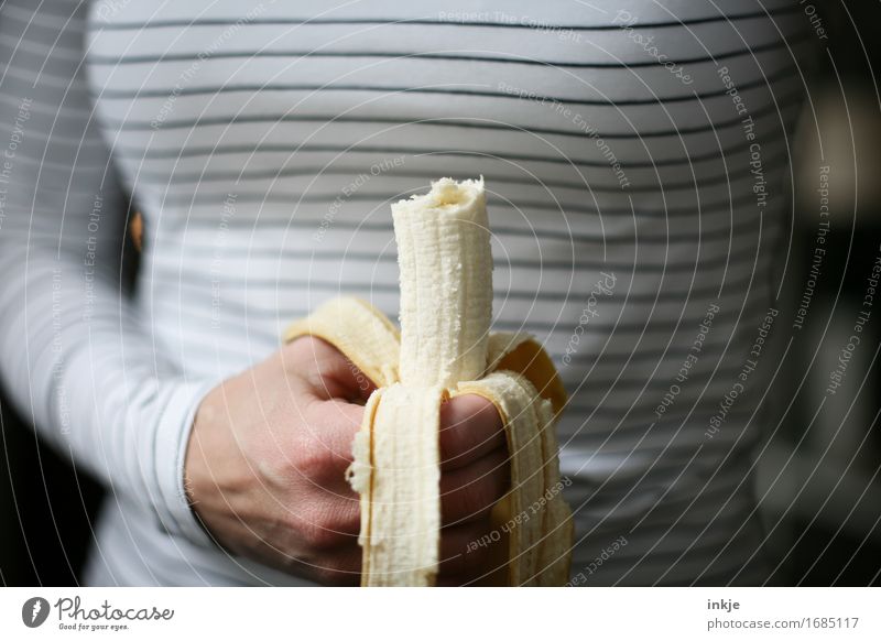 banana Fruit Banana Nutrition Eating Vegetarian diet Woman Adults Life Hand 1 Human being To hold on Simple Healthy Thin Energy Molt Striped Snack Colour photo