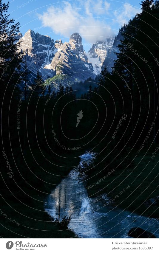 Three Peaks View 1 Environment Nature Landscape Plant Sky Summer Tree Fir tree Forest Rock Alps Mountain Dolomites Three peaks Canyon River bank Brook Gigantic