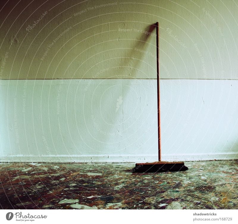 broom Colour photo Interior shot Deserted Copy Space left Day Sunlight Deep depth of field Broom Clean Dirty Trashy Gloomy Calm Esthetic Disaster Room