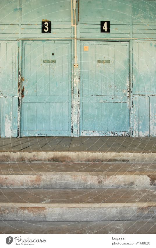 Door to door Colour photo Detail Deserted Day House (Residential Structure) Hut Gate Building Architecture Wall (barrier) Wall (building) Stairs Terrace Old