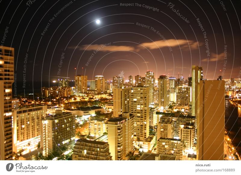 Honolulu by Night Moon Full  moon Dark Town High-rise Skyline Waikiki Beach Hawaii Oahu Night life light pollution USA Long exposure Vacation mood Balcony