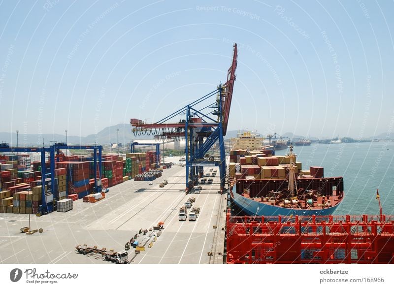 Santos Container Terminal Colour photo Exterior shot Copy Space top Day Sunlight Deep depth of field Bird's-eye view Long shot Panorama (View) Harbour Logistics