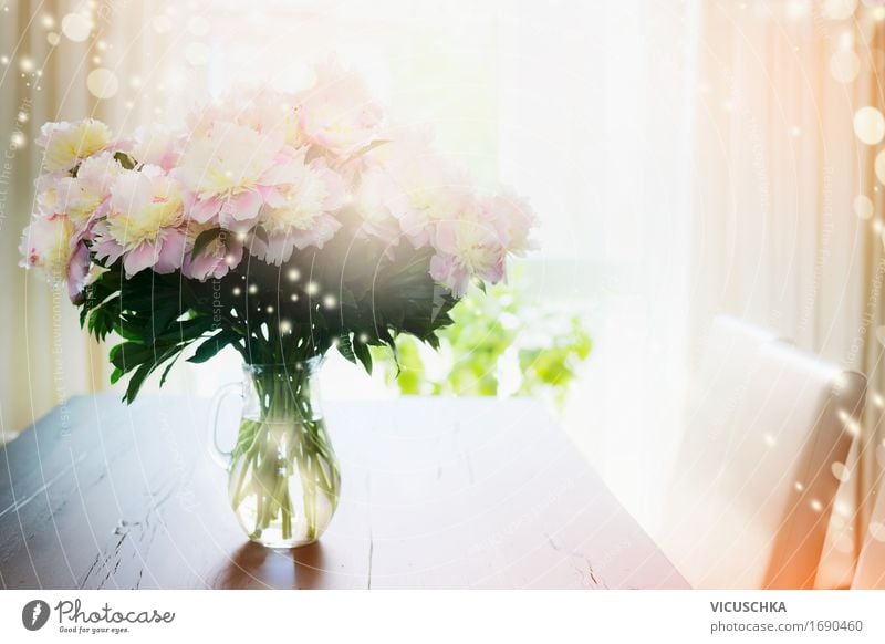 Bouquet of flowers in glass vase on the table in front of the window Lifestyle Design Summer Living or residing Flat (apartment) Dream house Arrange