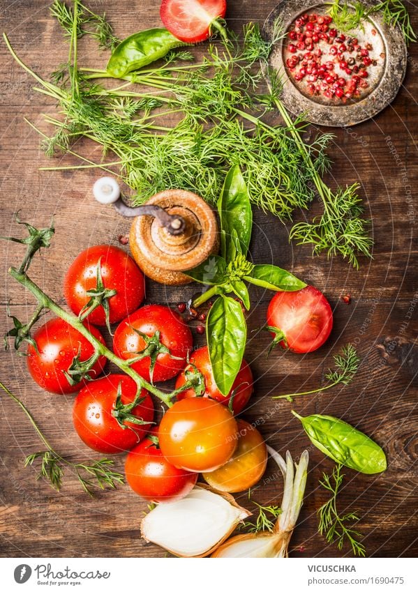 Fresh red tomatoes with herbs Food Vegetable Lettuce Salad Herbs and spices Nutrition Organic produce Vegetarian diet Diet Italian Food Crockery Bowl Style