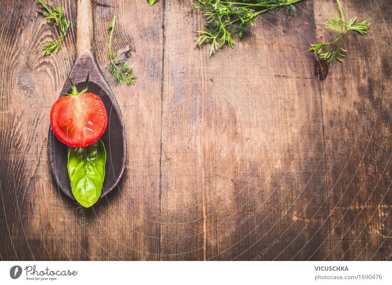 Wooden spoon with basil leaf and tomato Food Vegetable Lettuce Salad Herbs and spices Nutrition Lunch Dinner Italian Food Spoon Style Design Healthy Eating Life