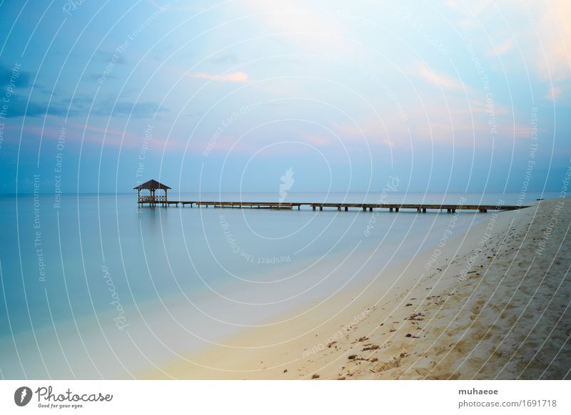 Beach at sunrise Massage Vacation & Travel Summer Summer vacation Ocean Footbridge Pavilion Sand Water Sky Horizon Beautiful weather Caribbean Sea Island