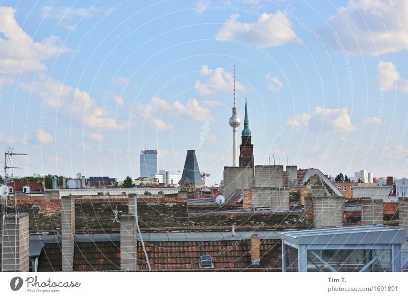 Berlin 2016 Berlin TV Tower Prenzlauer Berg Town Capital city Downtown Old town Skyline Deserted Roof Chimney Antenna Horizon Clouds Colour photo Exterior shot