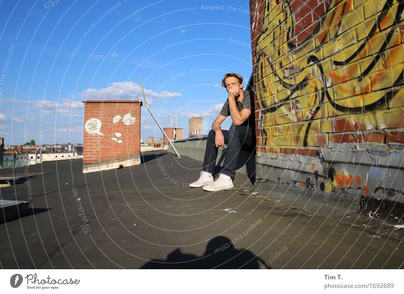 Peace and quiet in the city Human being Masculine Man Adults 1 45 - 60 years Berlin Town Capital city Downtown Old town House (Residential Structure) Roof