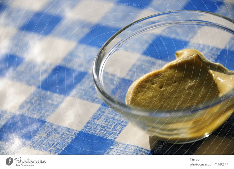 Glass bowl with mustard on blue and white chequered tablecloth Food Bowl Blue Services Checkered wax cloth Bavarian Spicy mostrich Together Paste Mustard seed