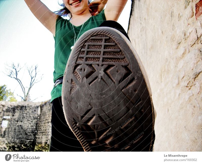 Step on it! Colour photo Exterior shot Full-length Freedom Summer Feminine Young woman Youth (Young adults) Feet 1 Human being 18 - 30 years Adults Sky