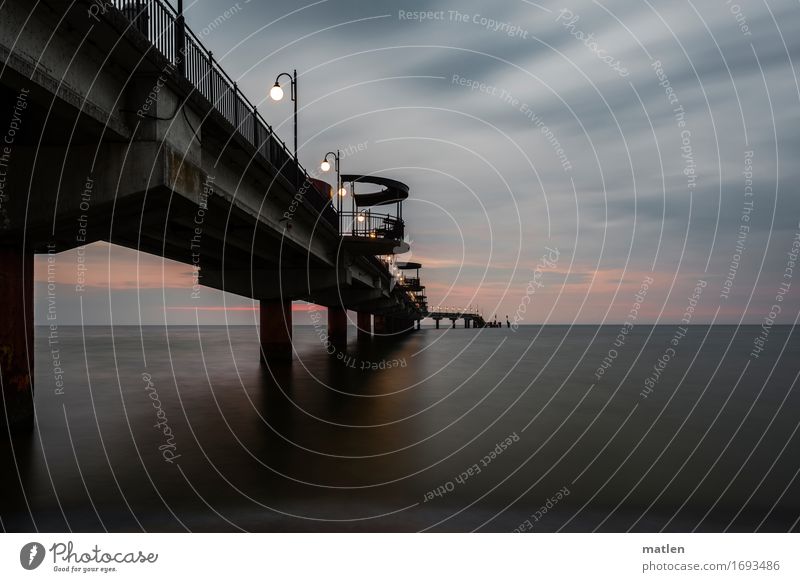 to the horizon Landscape Water Sky Clouds Horizon Autumn Bad weather Coast Baltic Sea Deserted Bridge Maritime Brown Gray Pink Jetty Sea bridge Street lighting