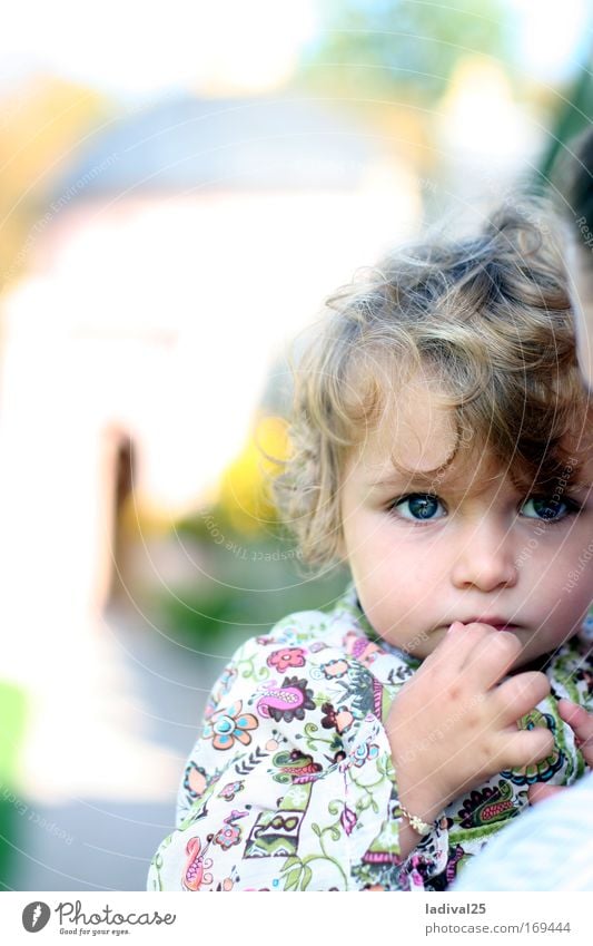 little thinker Colour photo Exterior shot Day Sunlight Blur Portrait photograph Upper body Front view Looking Forward Human being Child Toddler Girl 1