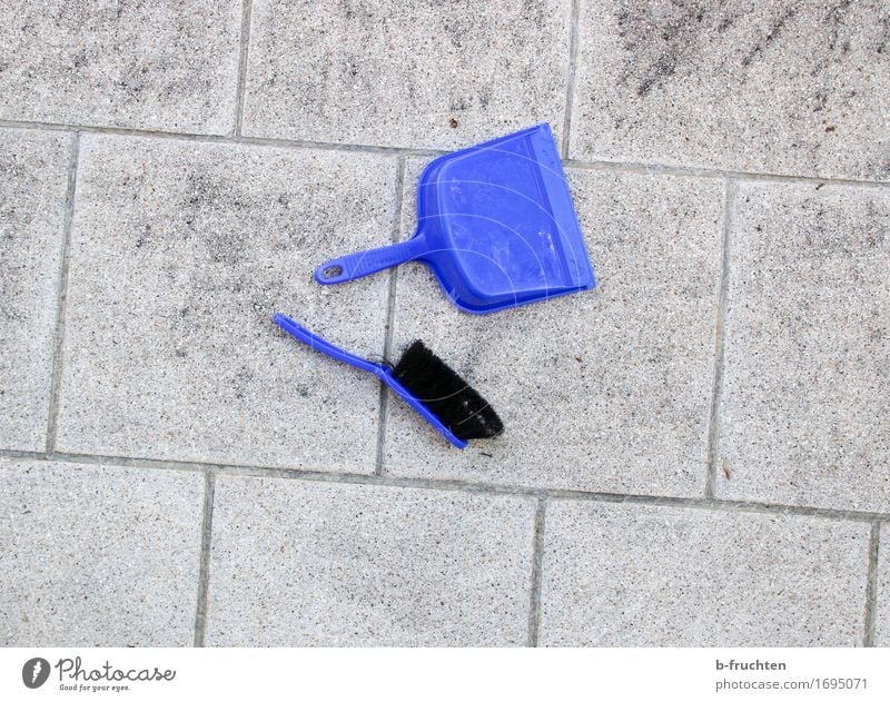 return journey Terrace Stone Cleaning Dirty Blue Gray Calm Decline Broom Shovel Sweep Paving stone dustpan Colour photo Exterior shot Deserted