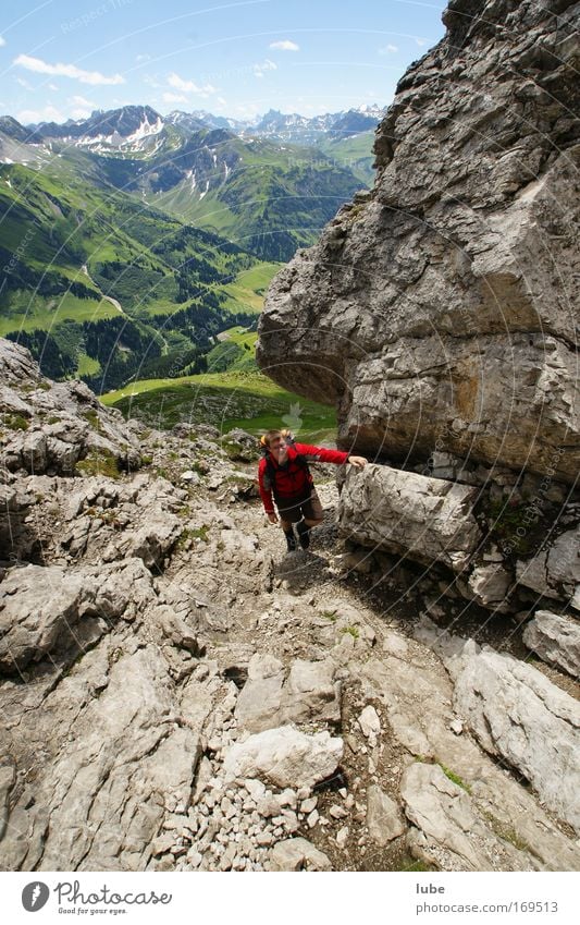 steeply uphill Colour photo Exterior shot Day Sunlight Wide angle Downward Man Adults 1 Human being Nature Landscape Horizon Summer Beautiful weather Rock Alps