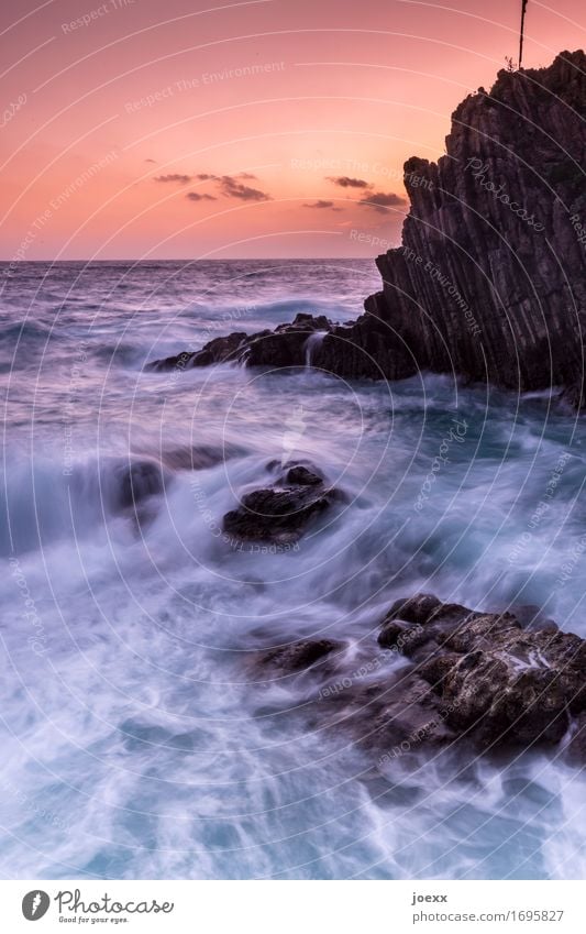 Waves, rocks, sunset Ocean Evening Riomaggiore coast Twilight Deserted Exterior shot Rock Sunset Italy Sky Landscape Elements Horizon Nature Colour photo Brown