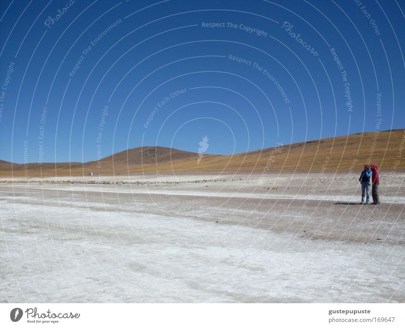 togetherness Colour photo Exterior shot Day Panorama (View) Sand Sky Hill Desert Stand Far-off places Blue Brown White Secrecy Together Calm Loneliness