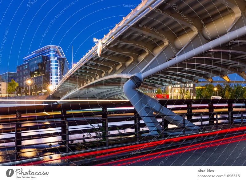 Berlin at night Germany Europe Town Capital city Bridge Manmade structures Architecture Road traffic Street Driving Modern New Blue Red Movement Business Night