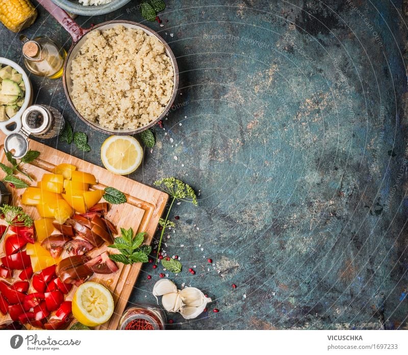 Boiled quinoa in saucepan with fresh ingredients for salad Food Vegetable Lettuce Salad Grain Herbs and spices Cooking oil Nutrition Lunch Dinner