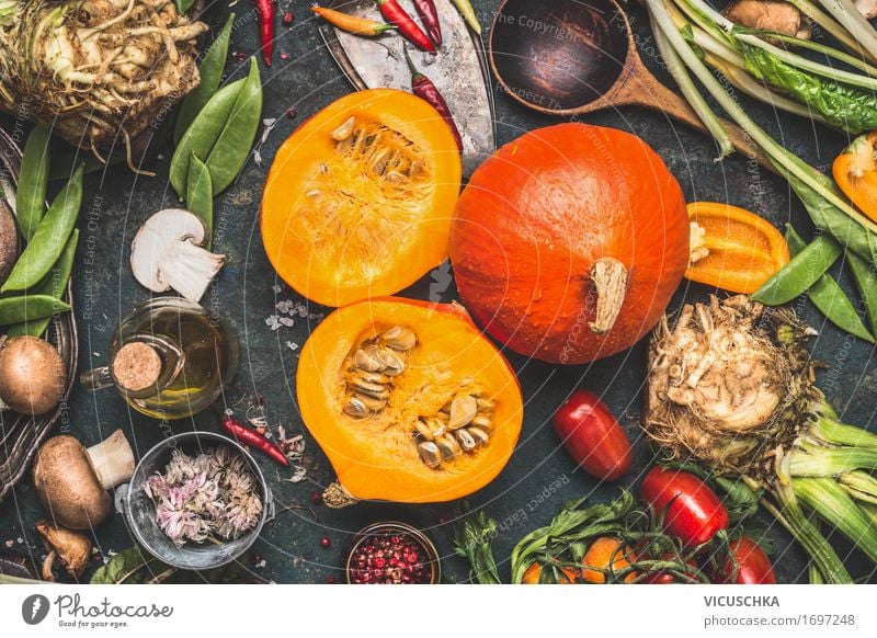 Hokkaido pumpkin with mushrooms and vegetables Ingredients Food Vegetable Herbs and spices Cooking oil Nutrition Organic produce Vegetarian diet Diet Crockery