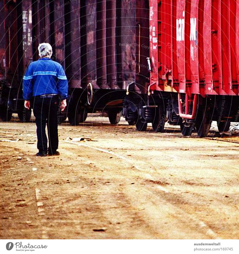 Old Man Colour photo Multicoloured Exterior shot Copy Space bottom Day Contrast Central perspective Full-length Rear view Economy Industry Logistics Technology