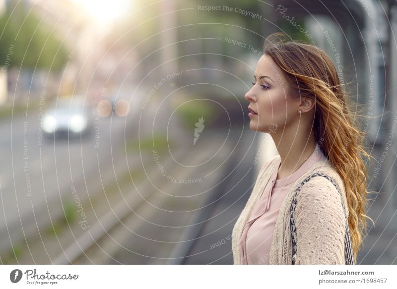 Young woman standing at a station Lifestyle Happy Beautiful Face Summer Technology Feminine Woman Adults 1 Human being 18 - 30 years Youth (Young adults) Warmth