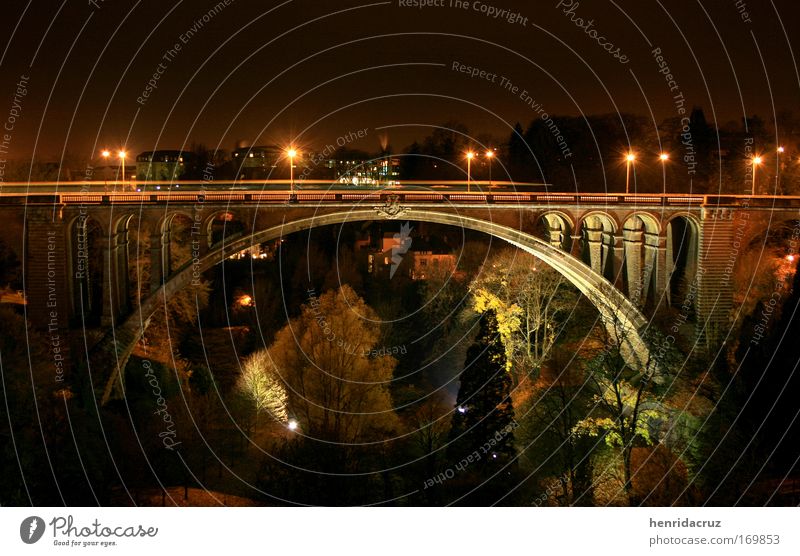 Colour photo Exterior shot Deserted Night Light Contrast Light (Natural Phenomenon) Panorama (View) Luxemburg Europe Park Bridge Tourist Attraction Monument