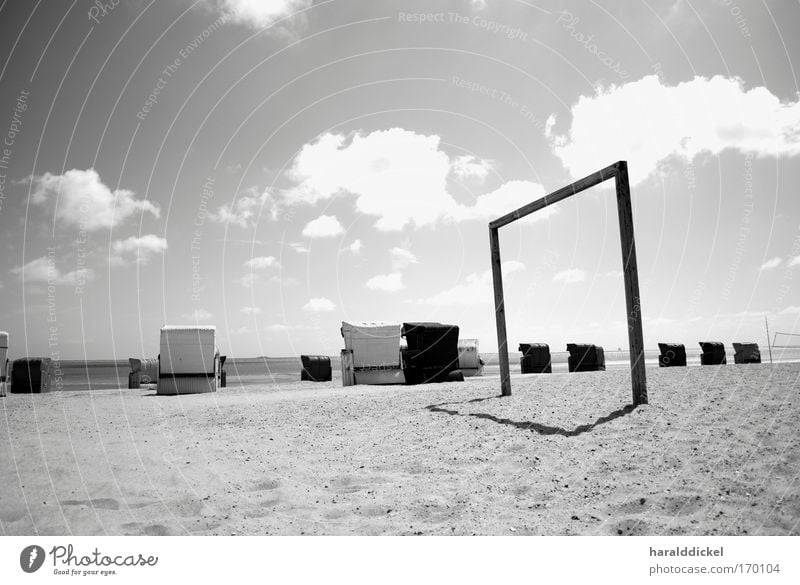 beach Black & white photo Exterior shot Deserted Evening Sunlight Sand Coast Beach North Sea Island Fohr White Beach chair Goal Clouds