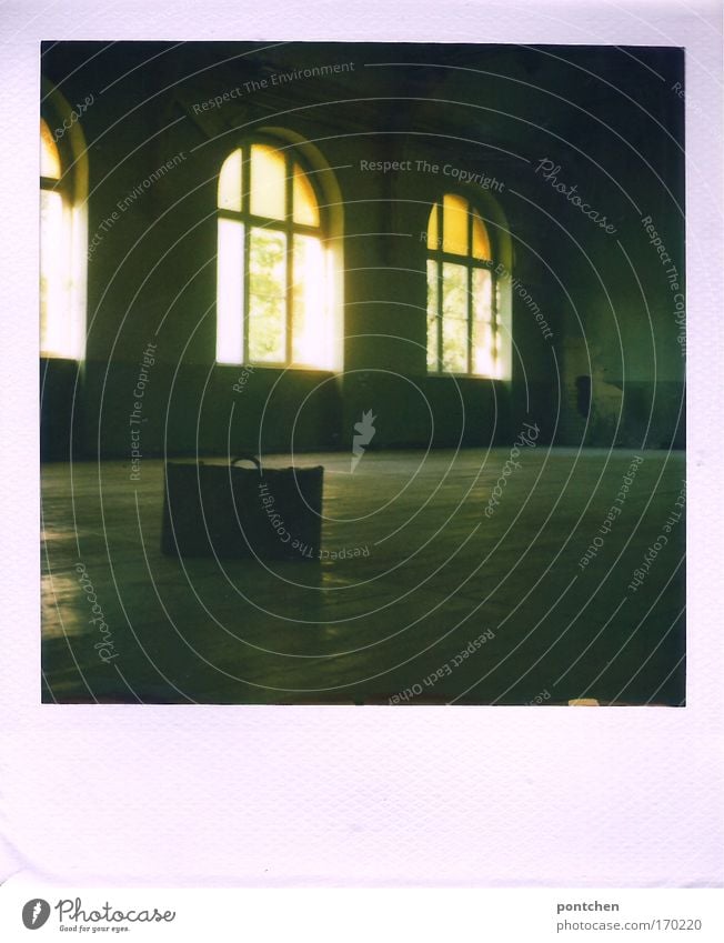 Polaroid. A small suitcase stands in a room on the wooden floor. Lost place. Abandoned, lapsed. Old building House (Residential Structure) Manmade structures