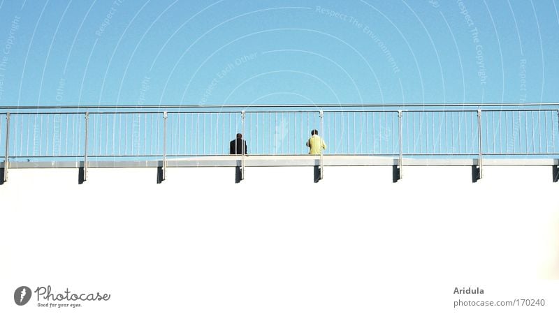 spacers Colour photo Exterior shot Abstract Copy Space bottom Day Light Shadow Summer Human being Masculine Friendship Couple 2 Sky Cloudless sky Sun Bridge