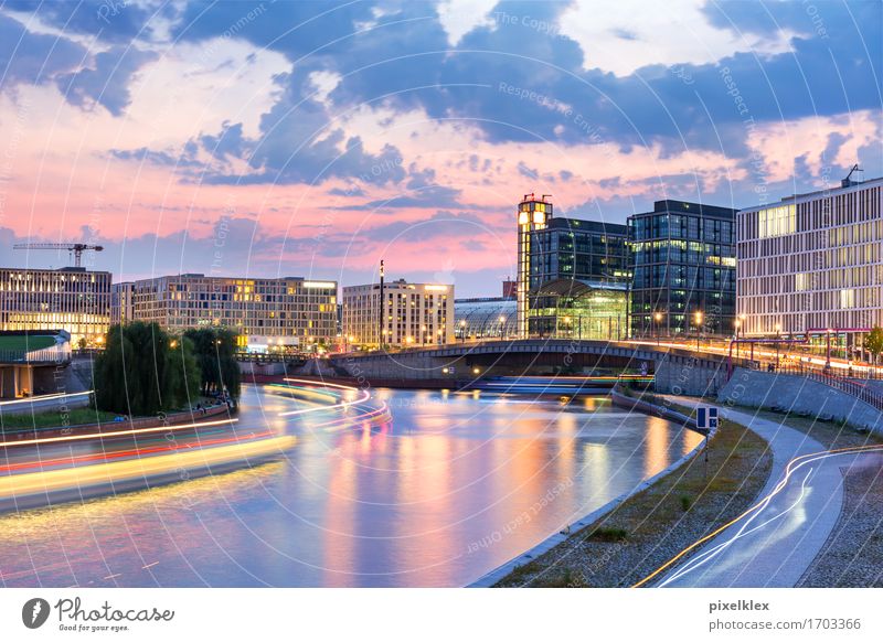 Spree arch at night Vacation & Travel Tourism Trip Sightseeing City trip Night life Water Night sky Sunrise Sunset River bank Spreebogen Berlin Germany Town