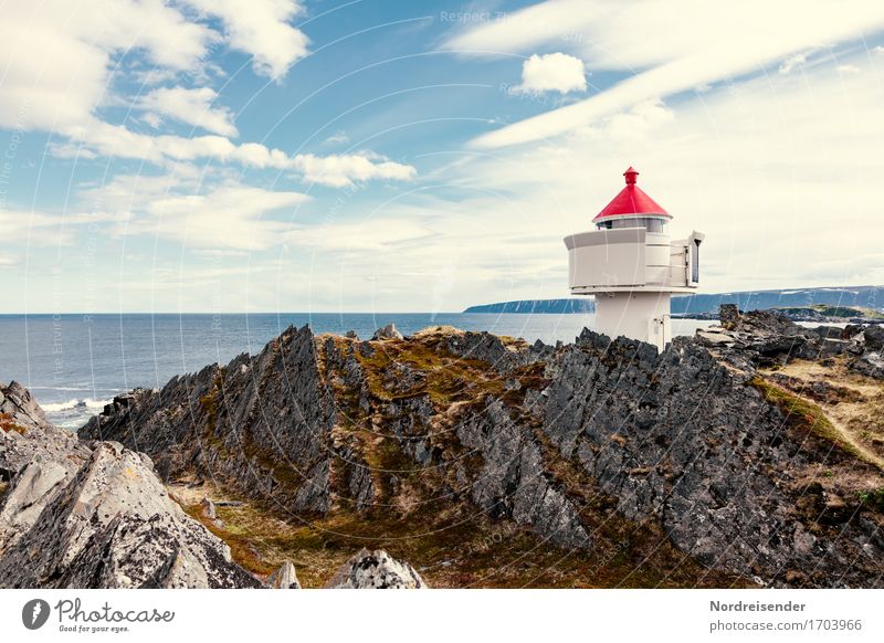 beacons Vacation & Travel Far-off places Ocean Island Nature Landscape Sky Clouds Summer Autumn Beautiful weather Moss Rock Mountain Fjord Tower Lighthouse