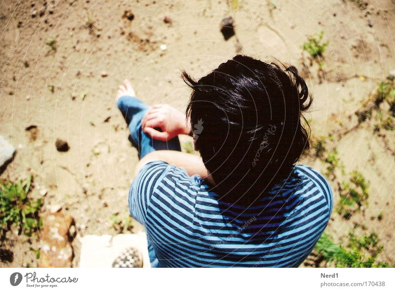 ground Man Ground Sand Hair and hairstyles Above Bird's-eye view Man`s head Faceless Anonymous Unidentified Unrecognizable Rear view Sit T-shirt Striped