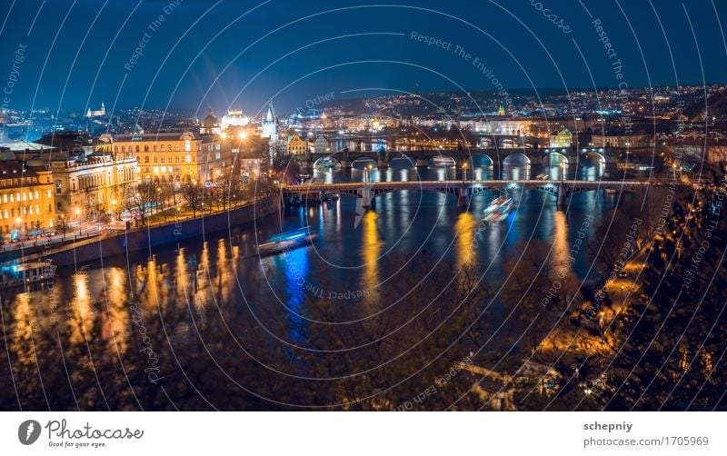 Night prague Town Bridge Vacation & Travel Prague Czech Republic Panorama (View) Colour photo Light Shadow Contrast Night shot Capital city City of millions