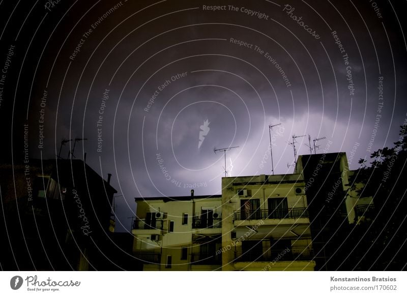 Thunderbolt Colour photo Exterior shot Deserted Copy Space top Copy Space middle Night Long exposure Shallow depth of field Storm clouds Bad weather