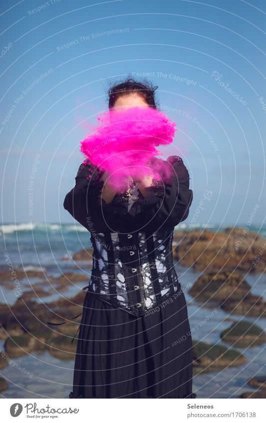 flamingo pink Ocean Waves Human being Feminine Woman Adults 1 Cloudless sky Horizon coast Beach Dress Pink Anonymous mask sb./sth. Flour Colour photo