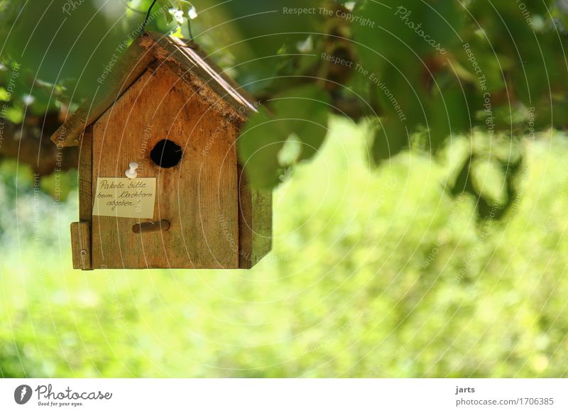 "Please deliver packages to neighbor." House (Residential Structure) Hut Piece of paper Hang Small Living or residing Information Birdhouse delivery Package