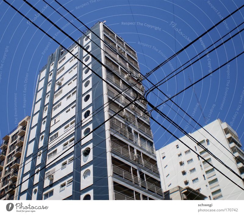 Cross in blue Colour photo Exterior shot Structures and shapes Deserted Day Worm's-eye view Summer Telecommunications Transmission lines Telephone line Crucifix