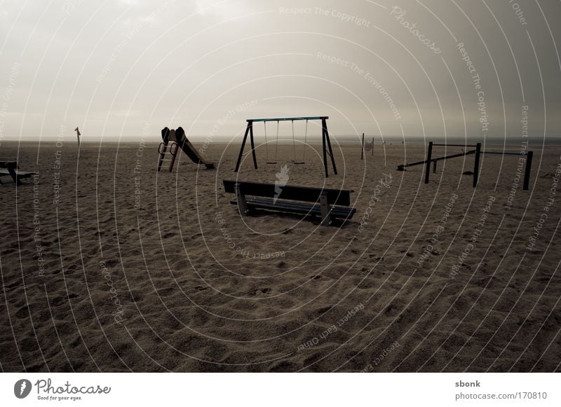 speeltuin Exterior shot Deserted Evening Twilight Beach Ocean Kindergarten Playground Toys Playing Old Gloomy Desolate Empty Dark Swing Slide Bench Sand Day