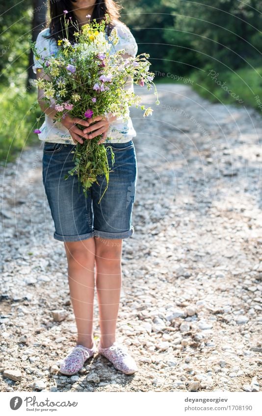 Woman hold bouquet of wildflowers Beautiful Summer Garden Gardening Girl Adults Nature Plant Flower Grass Meadow Dress Hair Bouquet Cute Wild Green young